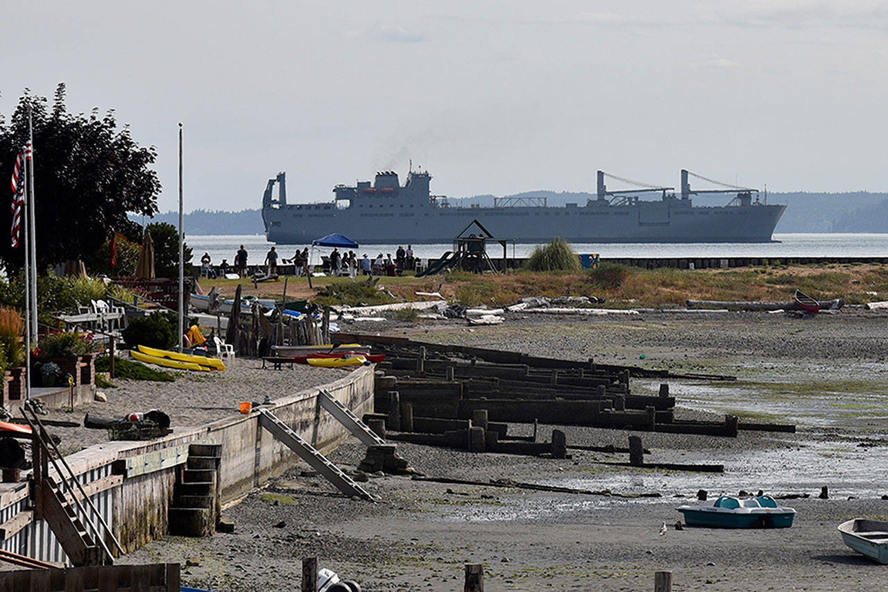 Jennifer Cooper photo &mdash; The USNS Bob Hope, a 951-foot Military Sealift Command vessel, appeared to have run aground near Cultus Bay on Saturday.