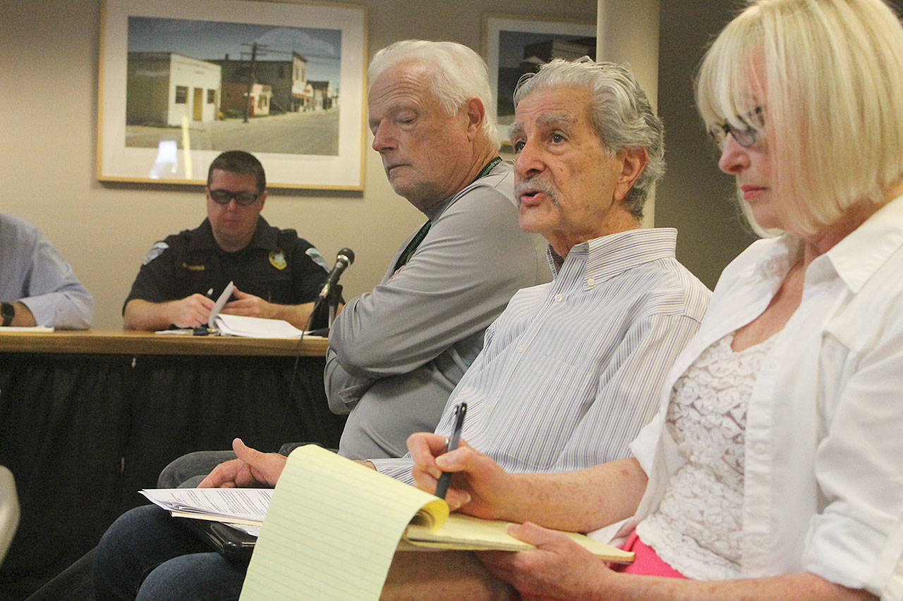 Evan Thompson / The Record &mdash; Langley Arts Commission Chairman Frank Rose addresses the Langley City Council during a workshop meeting on Tuesday at city hall. Also in the picture are (from left to right) Langley Police Chief David Marks, Mo Jerome and Joann Quintana.