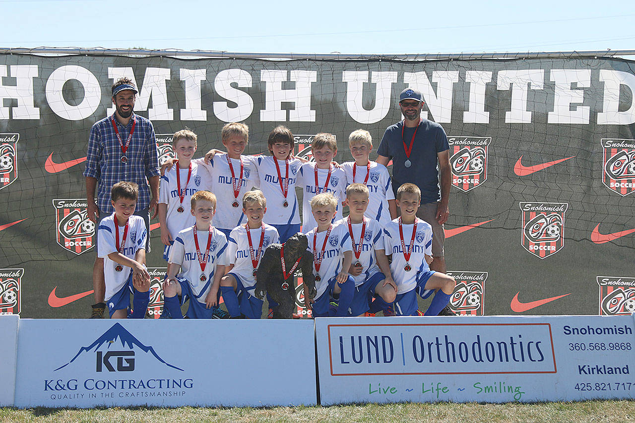 Contributed photo — South Whidbey Mutiny won the Silver Division of the Snohomish Bigfoot Tournament on Aug. 21. Back row, from left to right: Coach Chris Layman, Jett Pozarycki, Sean Byler, Jack Hempel, Walden McKell, Abram Durham, Coach Steve Byler. Front row, from left to right: Sammy Cheren, Johnny Haines, Colten Smith, Caleb Arndt, Levi Dixon, Silas Merino.