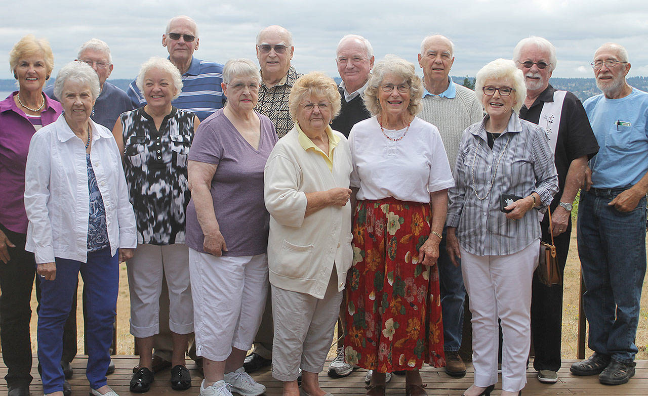 Evan Thompson / The Record &mdash; Langley High School&rsquo;s class of 1957 held a 60th high school reunion on Thursday at Hong Kong Gardens in Clinton. Left to Right, back row: Lorraine (Smith) Nemitz, Brian Martin, Eric Hammer, Jim Scott, Jerry Kaufman, Don Bergquist, Willie (Bill) Meinhold, Jim Scott. Front row: Barbara (Simmons) Kyllo, Ruth (Gabelein) Primeau, Pat (Perry) Porter, Louise (Becker) Burton, Mary Sue (Kinskie) Lile, Linnea (Westin) O&rsquo;Brien.