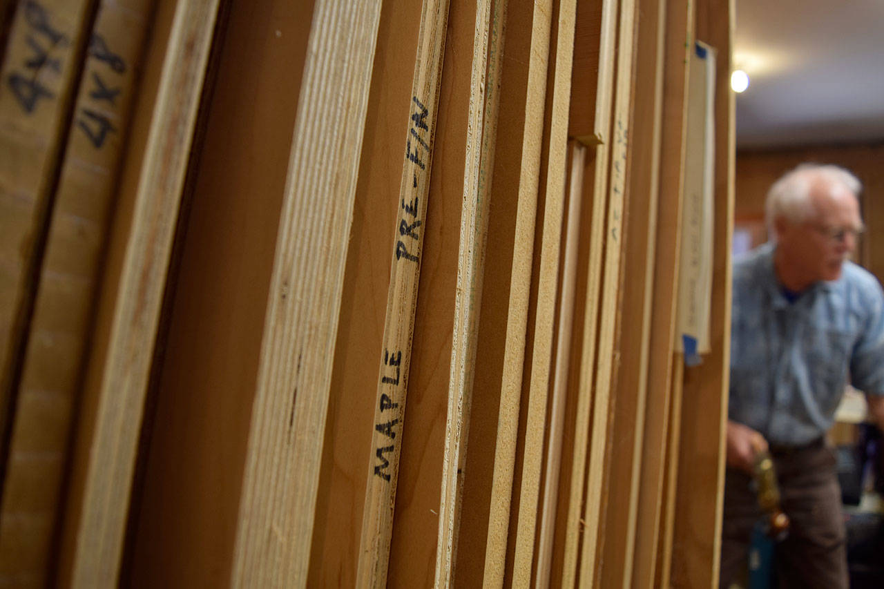 Kyle Jensen / The Record — A stack of labelled wood waits to be used in Christy and Bruce Schwager’s studio.