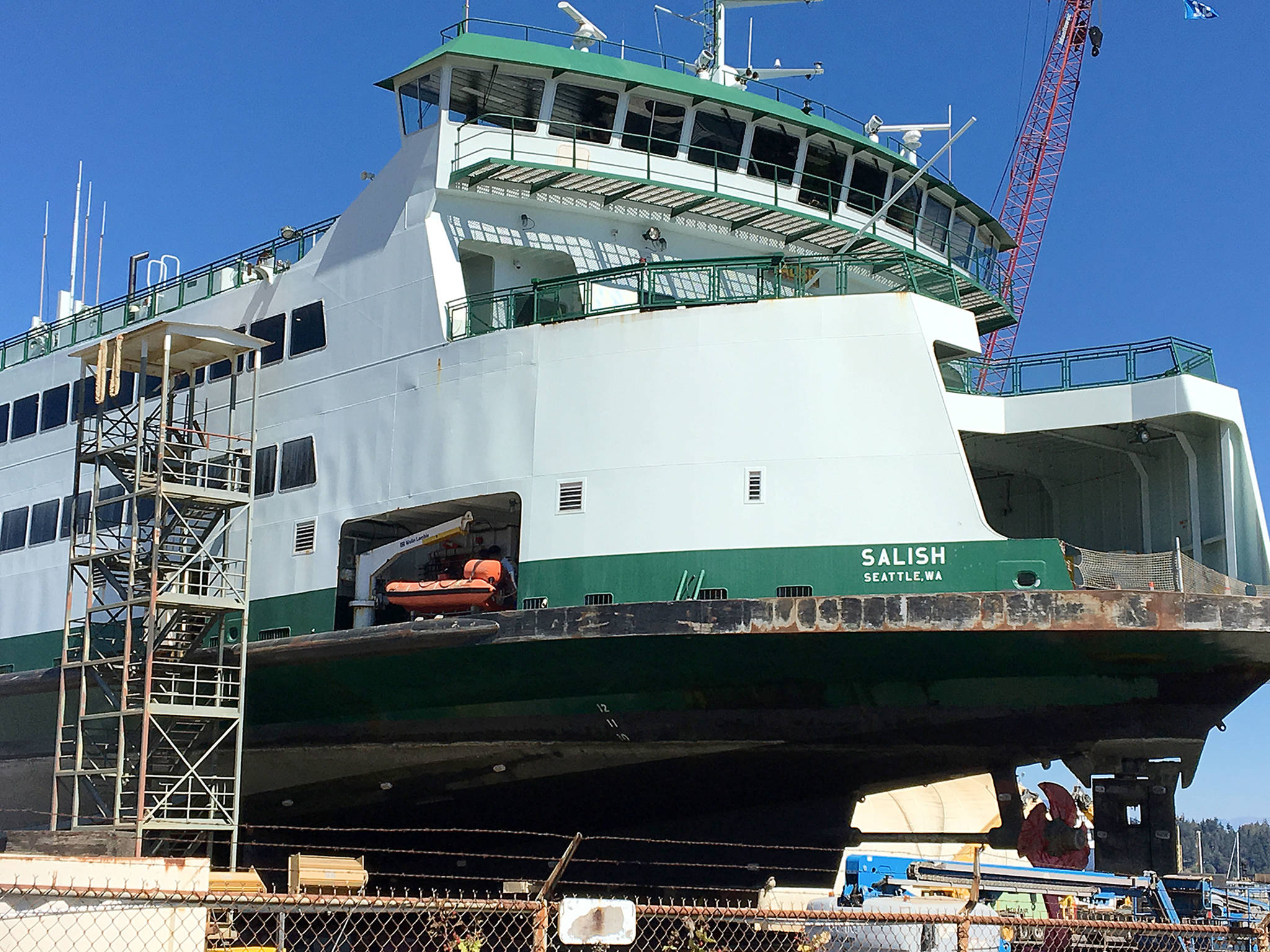 The Salish is being repaired at a boatyard in Anacortes after the propulsion system was damaged by a line from a crab pot.
