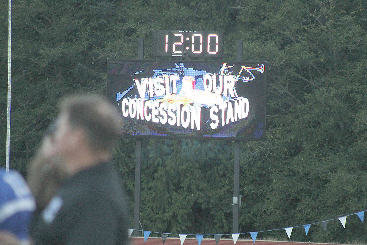 Evan Thompson / The Record &mdash; South Whidbey High School&rsquo;s new Daktronic scoreboard was in action for the first time during the Falcons&rsquo; season-opening football game against Coupeville on Friday night.