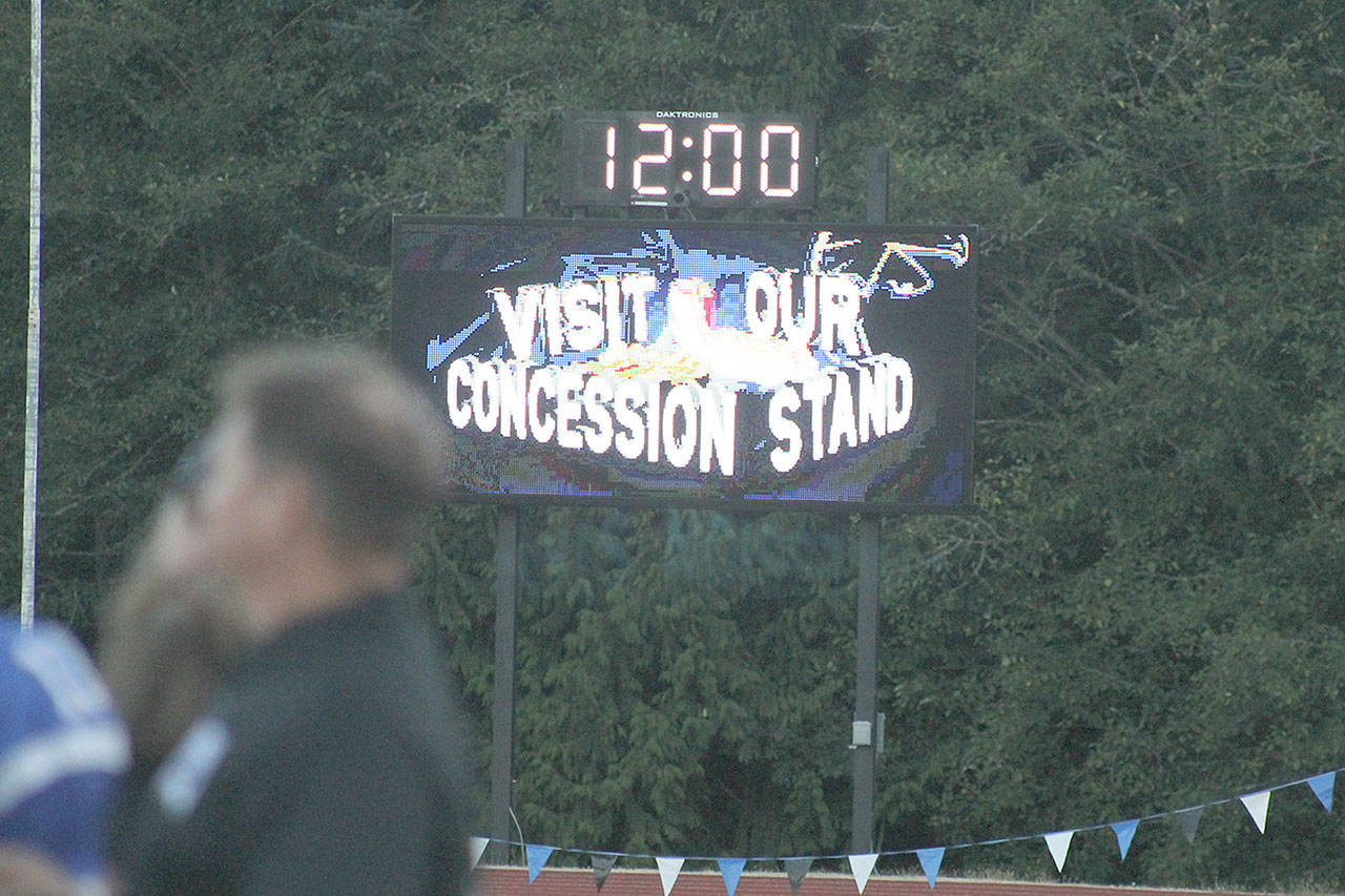 Evan Thompson / The Record — South Whidbey High School’s new Daktronic scoreboard was in action for the first time during the Falcons’ season-opening football game against Coupeville on Friday night.
