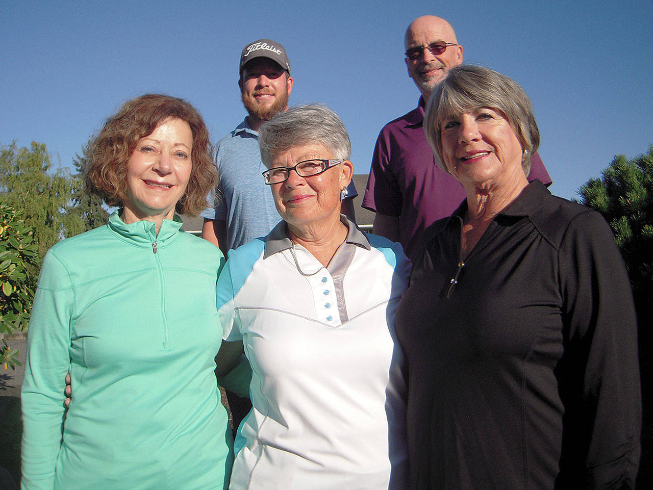 Contributed photo — Useless Bay Golf and Country Club’s 2017 tournament champions pose for a photo. Front row: Mary Jo Sievers (Ladies’ nine-hole champion), Diane Anderson (Women’s Association champion) and Nancy Allison (Women’s Association senior champion). Back row: Ty Kane (Men’s Club champion) and Kirk Bohrer (Men’s Club senior champion).