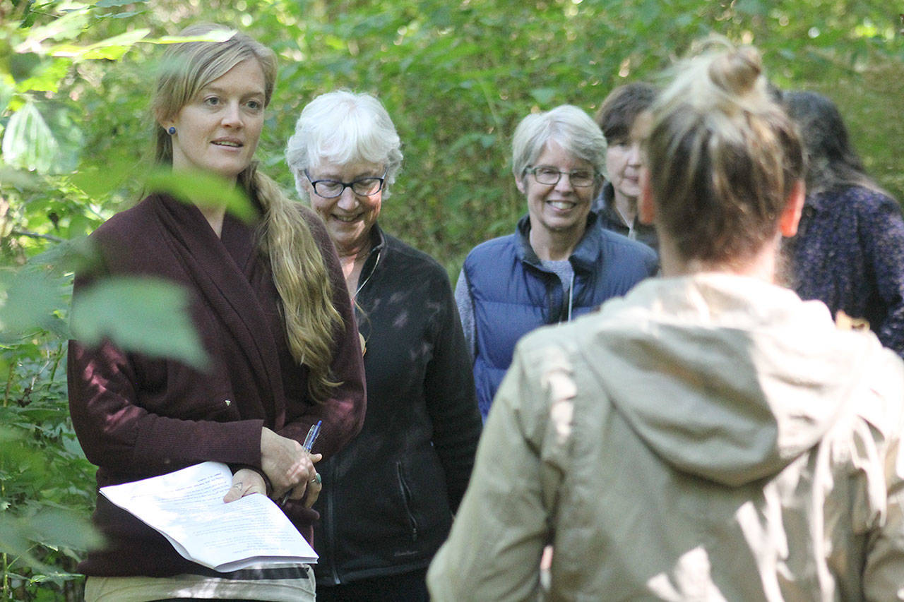 Evan Thompson / The Record — There are 20 active volunteers who will teach at the Maxwelton Outdoor Classroom this fall. Amy McInerney, an environmental educator for the Whidbey Watershed Stewards, led about 10 volunteers practiced a storytelling session with the volunteers on Sept. 15. From left to right: Jules LeDrew, Wendy Visconty, Marilyn Thomas, Deb Schiro and McInerney.