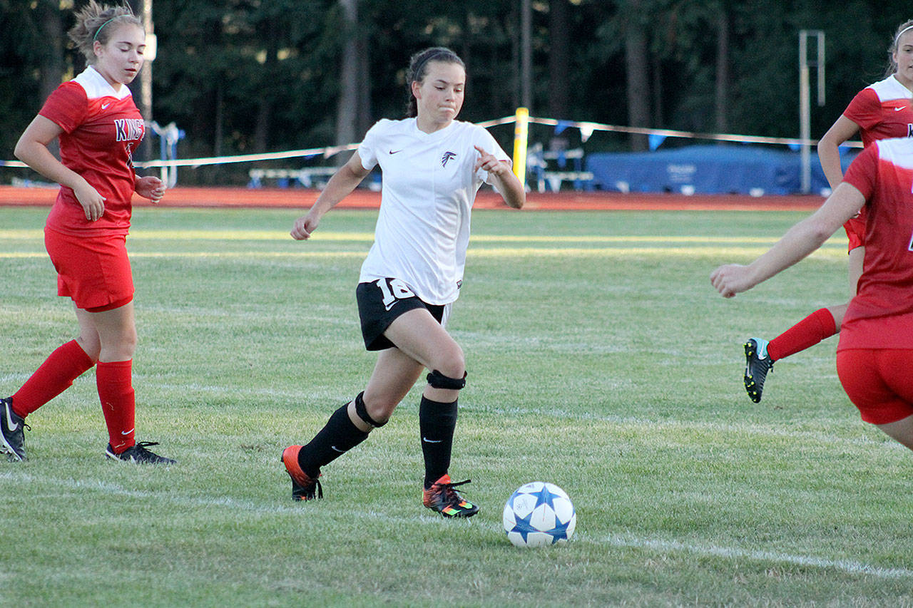 Evan Thompson / The Record — Sophomore Alison Papritz scored six goals in South Whidbey’s 9-3 win over Cedar Park Christian on Tuesday. The win cemented the Falcons’ berth to the postseason.