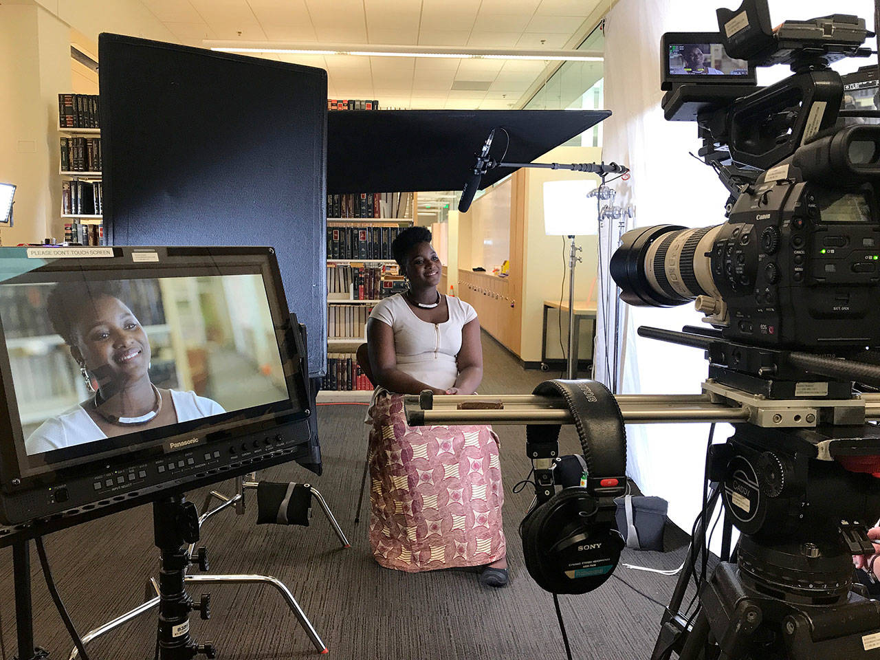 Jane Duggan photo — Isatou Jallow, Seattle resident and asylee from Gambia, is filmed on production of “Little Rebel.” The short documentary was created by some filmmakers involved with the organization Thriving Communities. A viewing is slated for Wednesday.