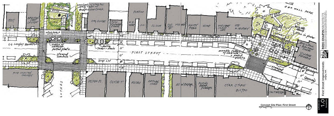 Courtesy of Ross Chapin — A sketch by Ross Chapin shows a number of potential upgrades to First Street, including bike racks, moveable chairs, planters and a stamped concrete crosswalk.