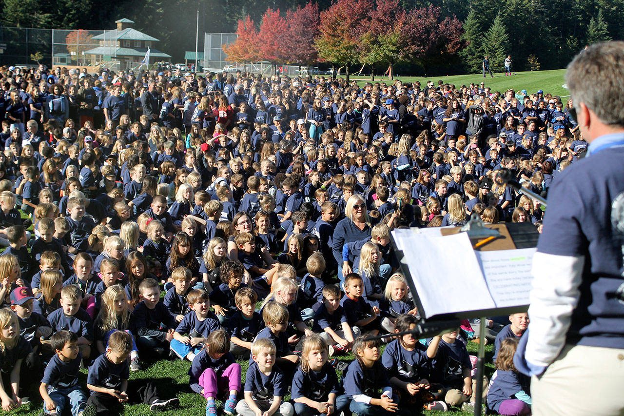 Evan Thompson / The Record — South Whidbey School District Superintendent Jo Moccia spoke in front of a crowd of 1,400 students, staff, administrators on “Unity Day” about ending bullying in schools.