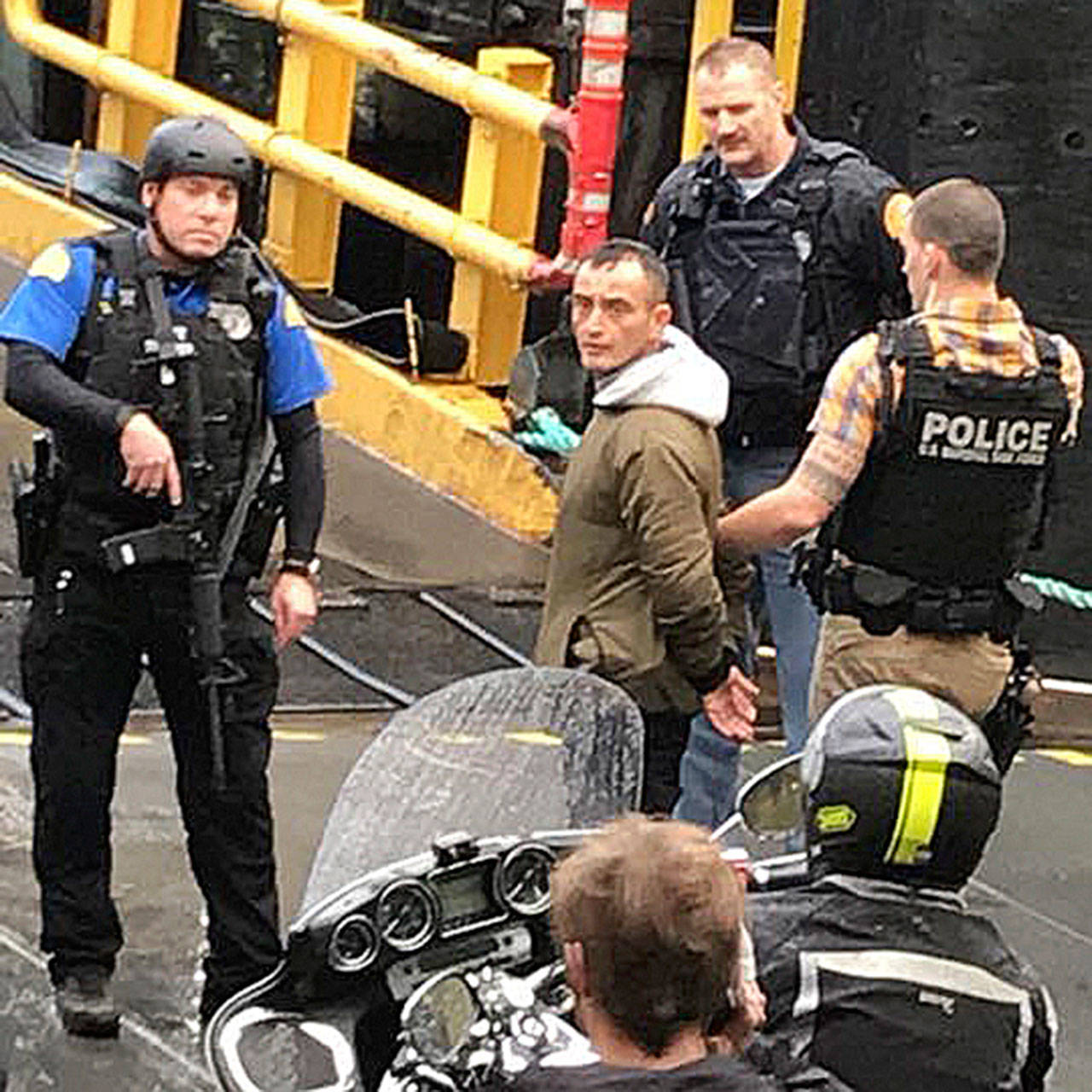 Contributed photo — A man was arrested on the 7:30 a.m. ferry to Mukilteo on Wednesday morning after he brandished a knife in a confrontation with a juvenile.