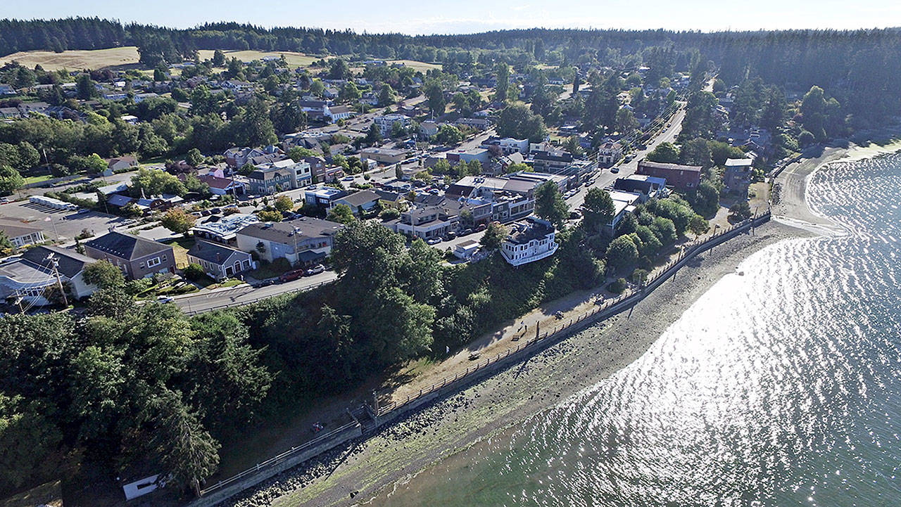 SaratogaAerials.com photo — A host of improvements are likely to come to Seawall Park in Langley in the near future, include covered shelters, picnic spaces, planting areas and more. The city is looking for designers to apply for the design project.