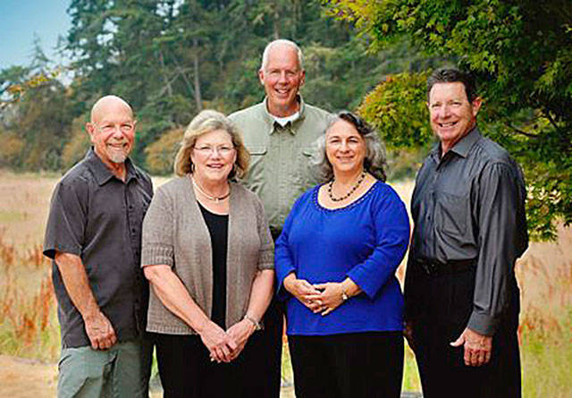 Michael Stadler photo — The Whidbey Community Foundation board features prominent philanthropists and current and former elected officials. Bottom, left to right: Board president Steve Shapiro, former Coupeville mayor Nancy Conard, former Coupeville finance director Robin Hertlein and Oak Harbor mayor Bob Severns. North Whidbey philanthropist George Saul is picture top. County commissioner Helen Price Johnson also serves on the board.