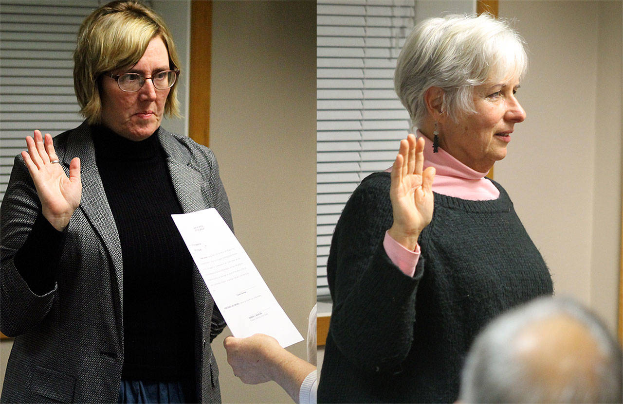 Evan Thompson / The Record — Newly elected Langley City Council members, Christy Korrow (left) and Dominique Emerson (right), were sworn into office at Monday night’s council meeting at city hall.