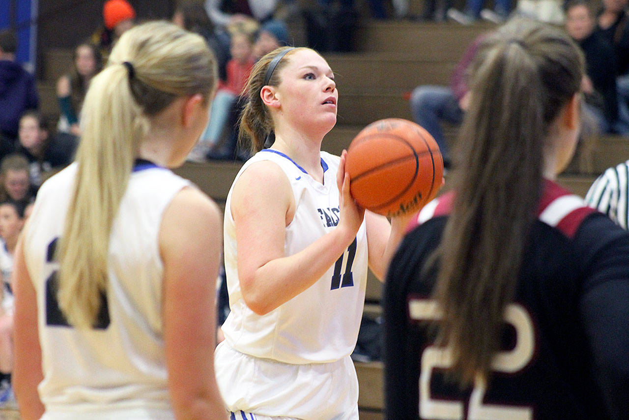 Evan Thompson / The Record  South Whidbey sophomore post Lexi Starets-Foote prepares to shoot a free throw. Starets-Foote has taken on a bigger role after senior Mackenzee Collins was sidelined with an injury.