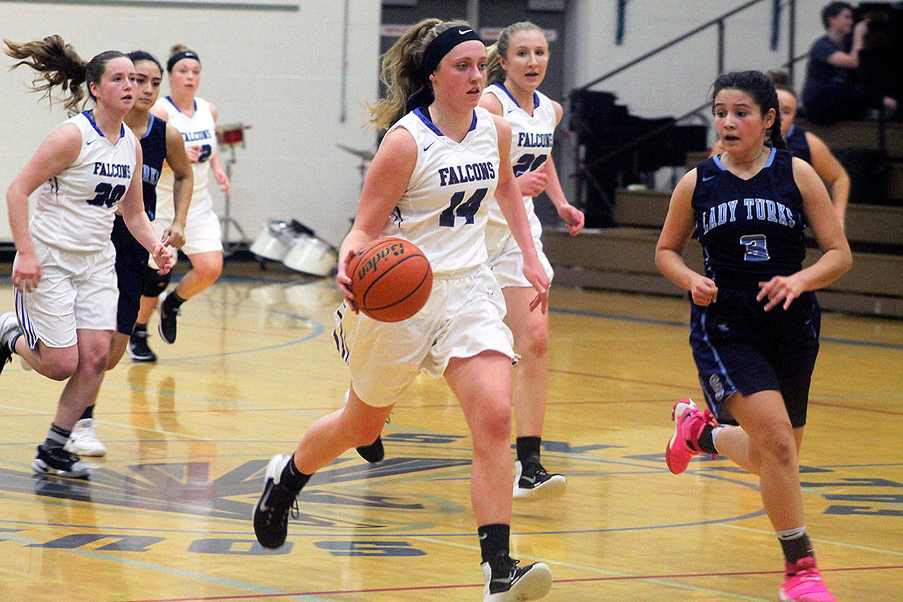 Evan Thompson / The Record — South Whidbey senior Ally Lynch dribbles down the court during a 41-23 victory over Sultan on Jan. 12.
