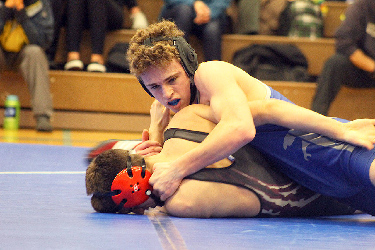 South Whidbey senior  Micah Tarantino attempts to pin Cedarcrests Curtis Nelson at the Falcons senior night match on Jan. 25 at Erickson Gymnasium.