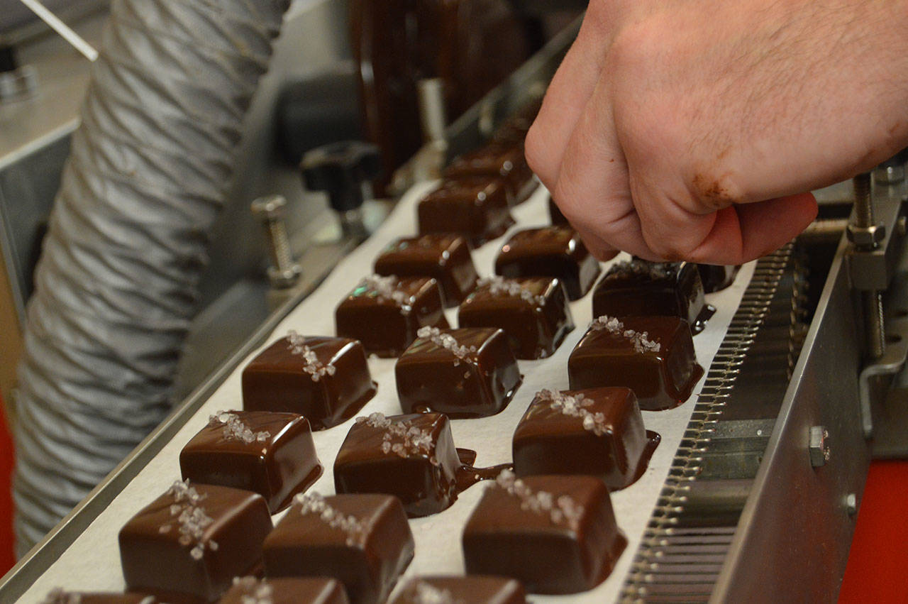 Sea salt is sprinkled on caramels after they go through a waterfall of chocolate. Several Coupeville businesses will be offering a caramel treat this Saturday. Photo by Megan Hansen/Whidbey News-Times.