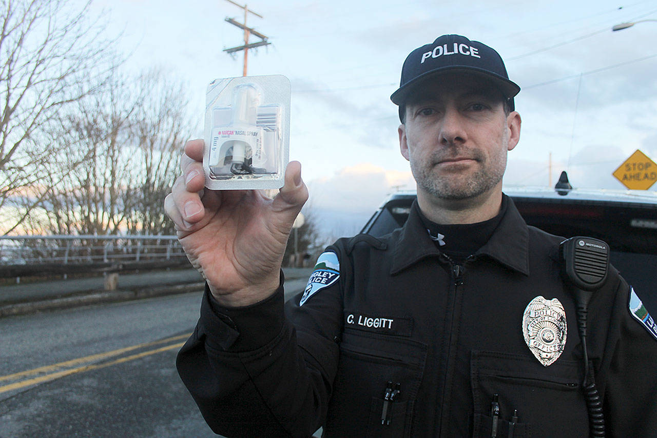 Evan Thompson / The Record  Langley Police Officer Charlie Liggitt used Narcan to save a Langley man from overdosing on heroin. The Langley Police Department is the only law enforcement agency on Whidbey Island to carry the nasal spray, which is a temporary lifesaving drug.