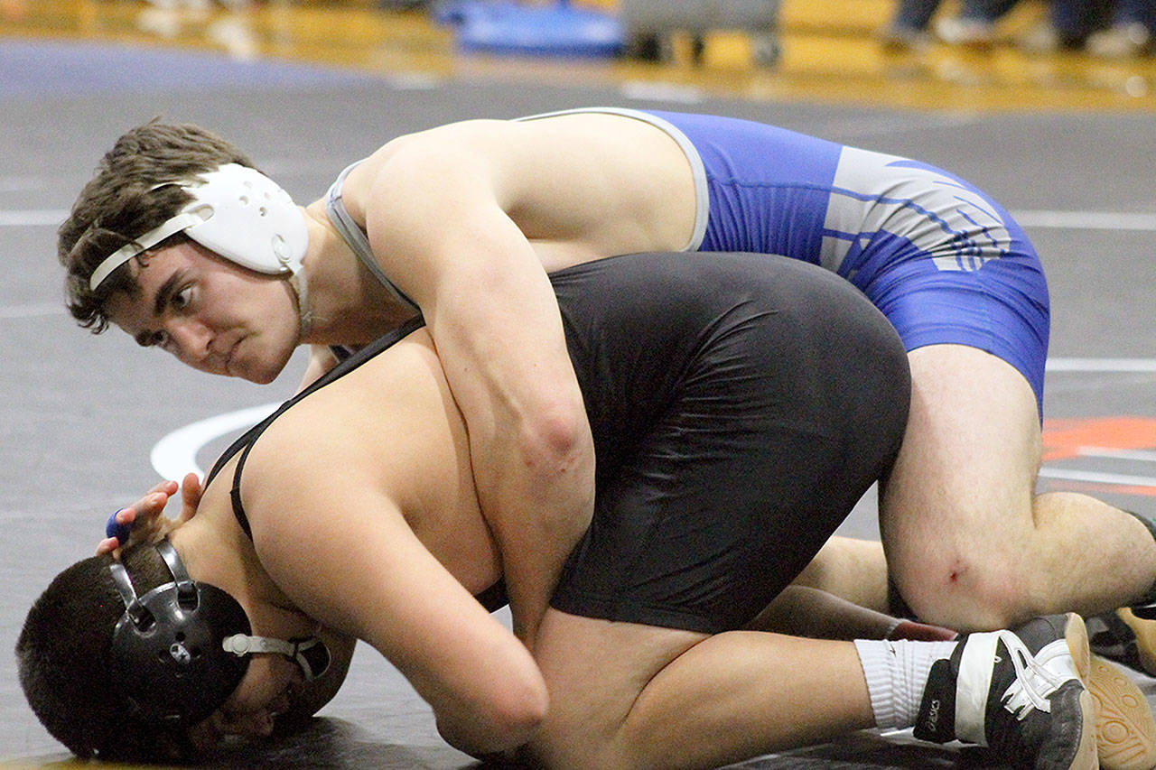 Evan Thompson / The Record  South Whidbey junior Clay OBrien went 1-2 in the 182-pound bracket at the Mat Classic in the Tacoma Dome on Feb. 16. He and teammate Drew Aposhyan were one win away from earning a state medal.
