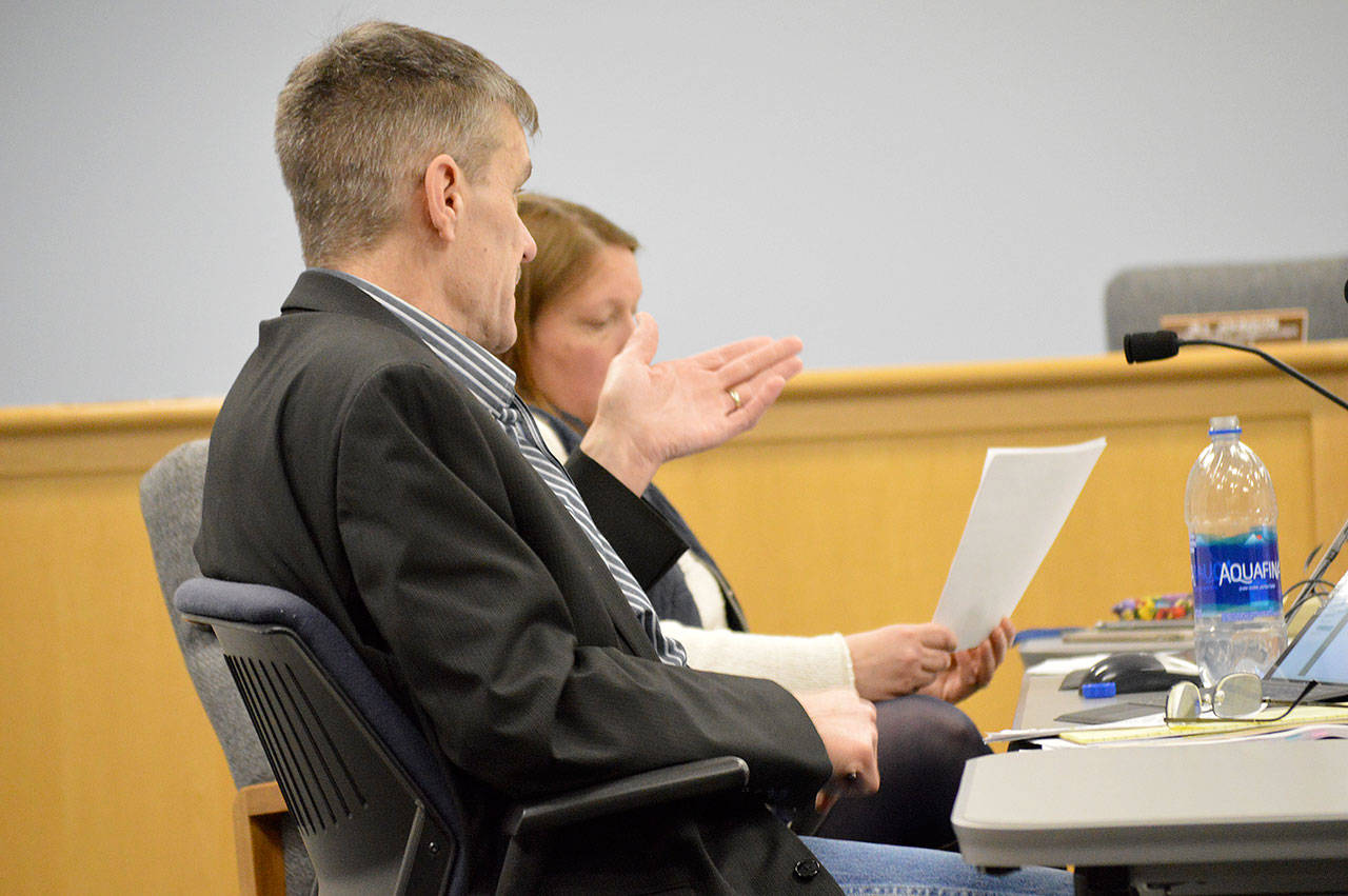 Island County Commissioner Rick Hannold speaks at a work session meeting Wednesday. After a request for more funding from the Freeland Water and Sewer District, he said at the meeting he has “no confidence whatsoever” in the district and its effort to put a sewer system in Freeland. Photo by Laura Guido/Whidbey News-Times
