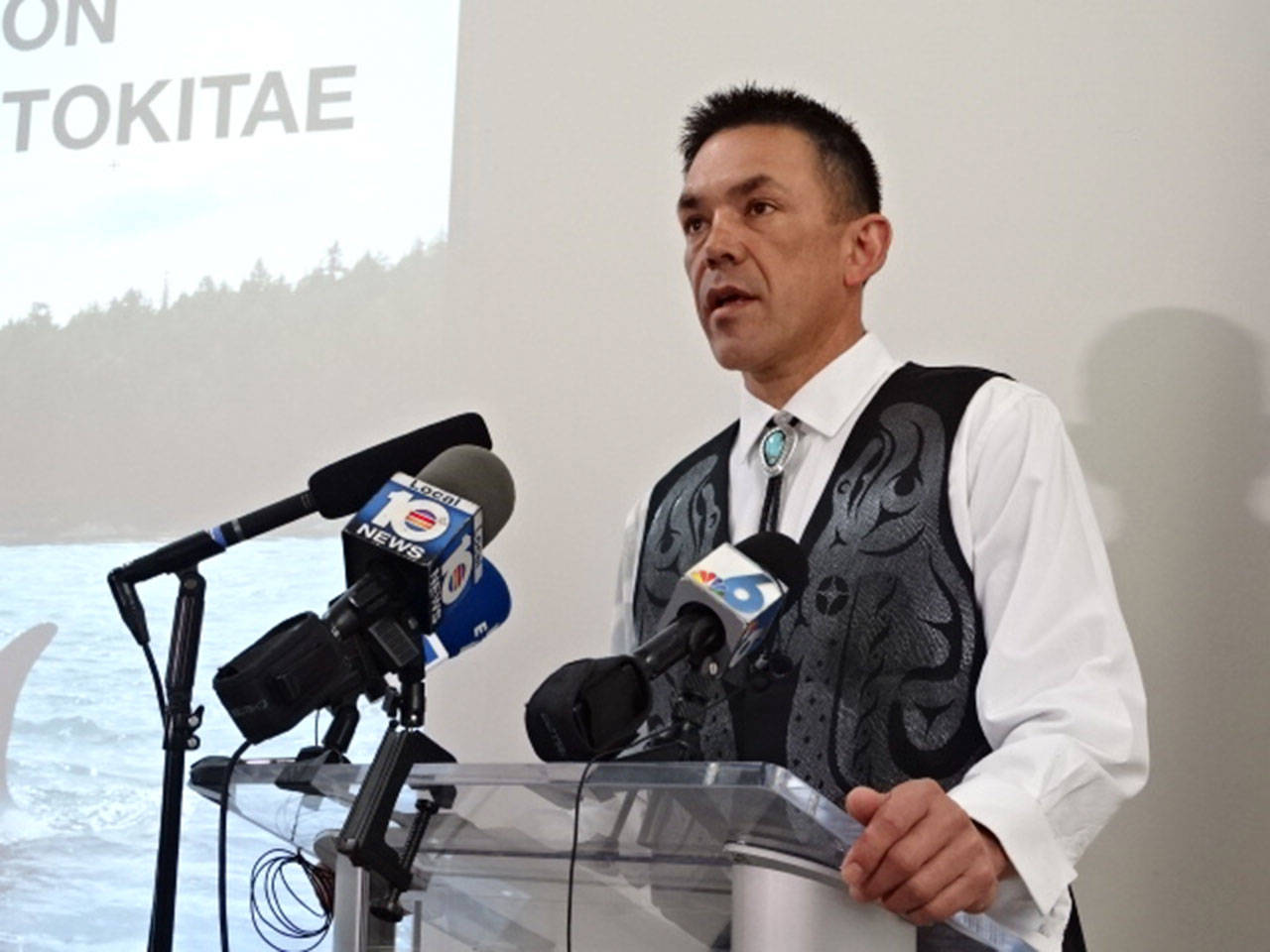 Lummi Nation Chairman Jay Julius speaks at a Miami press conference.