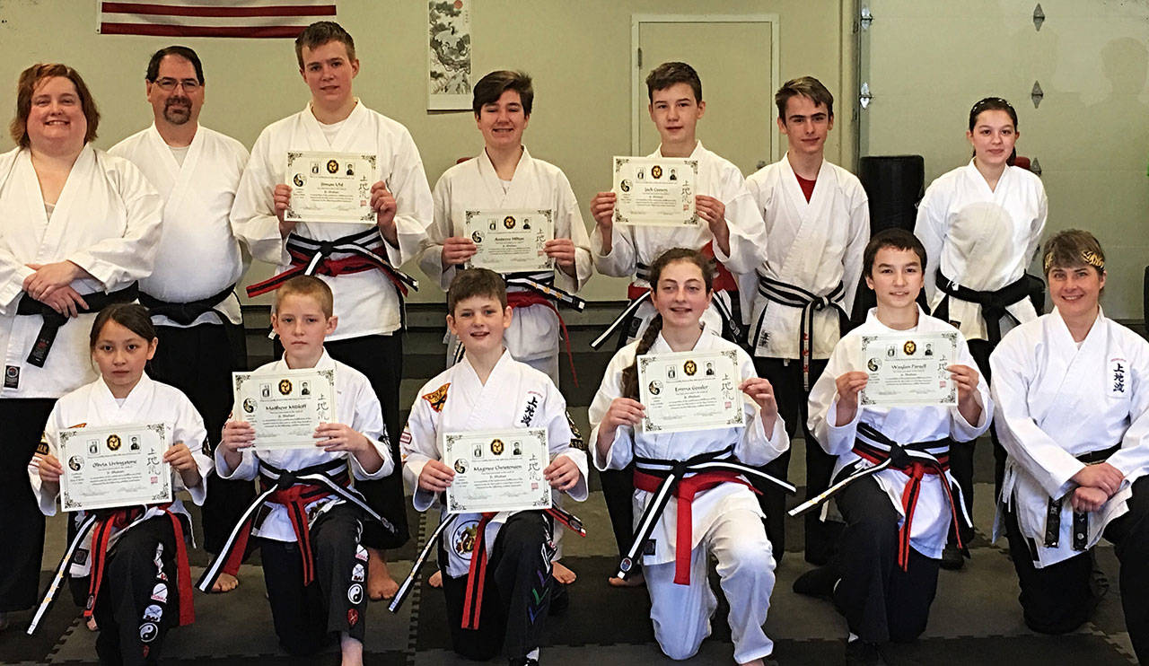 Tiger Martial Arts athletes took the junior black belt test last weekend — back row, left to right: Michelle Durr, Rob Durr, Simon Uhl, Andrew Hilton, Jack Cussen, Nolan Smith and Makenna Parsell; front row: Olivia Livingstone, Matthew Midkiff, Magnus Christensen, Emma Gossler, Waylan Parsell and Sensei Wendi Barker. (Submitted photo)