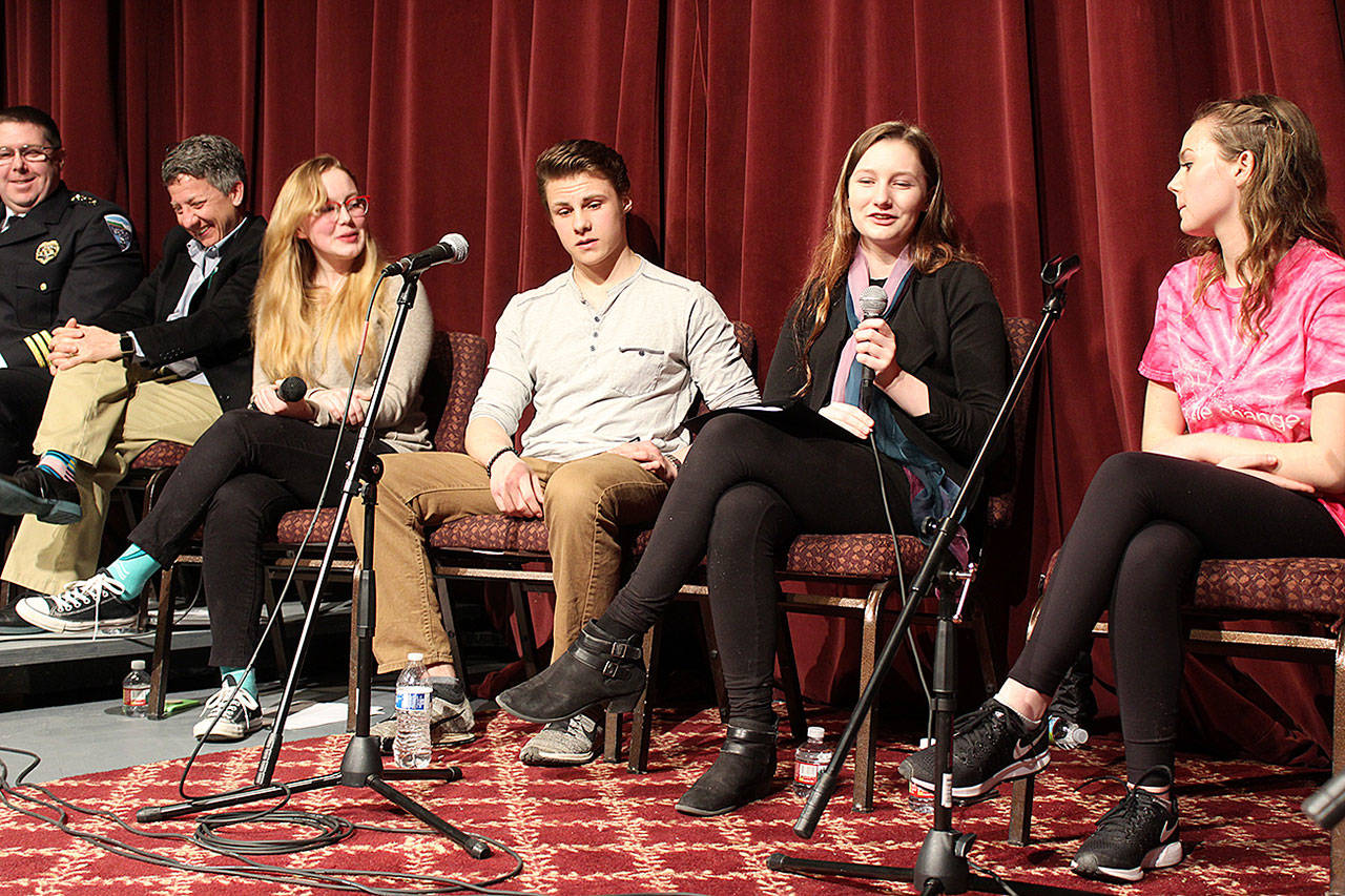 South Whidbey High School student Grace Callahan speaks during a lighter moment at Thursday’s public forum on school safety. Also on the panel, left to right, Langley Police Chief David Marks, School Superidendent Jo Moccia, Annika Hustad, Aryeh Rohde, youth leader of the South Whidbey Libertarians and Jessica Johnson, president of the school’s Social Justice Club. Photos By Patricia Guthrie/Whidbey News-Group