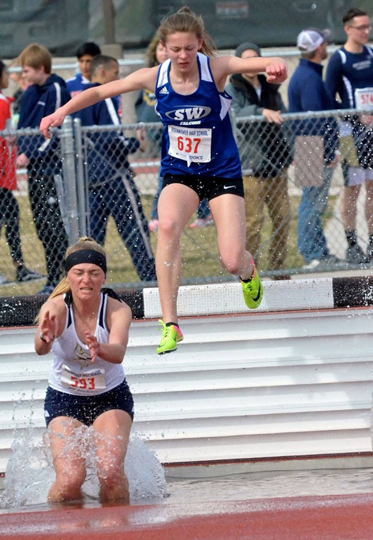 South Whidbey freshman Kaia Swegler Richmond (637) set a school record in the 2K steeplechase at the Holder Relays in Yakima March 31. (Submitted photo)
