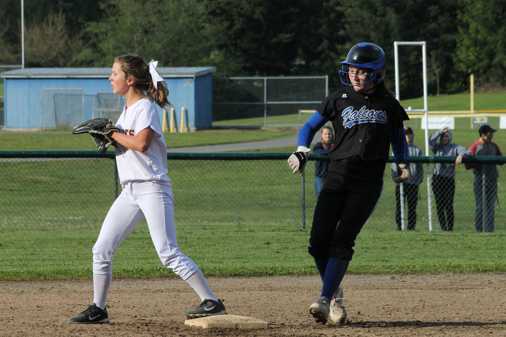 Melody Wilkie cruises into second base with a seventh-inning double in Monday’s game with Archbishop Murphy. (Photo by Jim Waller/Whidbey News Group)
