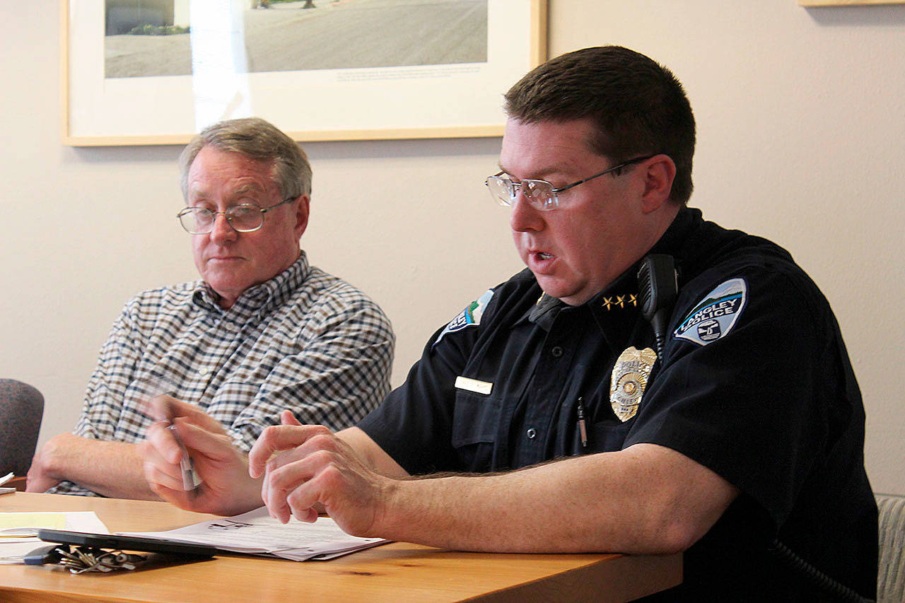 Langley Police Chief David Marks speaks at Monday’s city council meeting about his handling of a trespassing suspect last year. Photo by Patricia Guthrie/Whidbey News Group