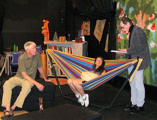 Photo by Dave Felice                                Actors Kevin Lynch and Sommer Harris listen as director Edward Jordon reviews notes for the Outcast Theatre production of Slowgirl.