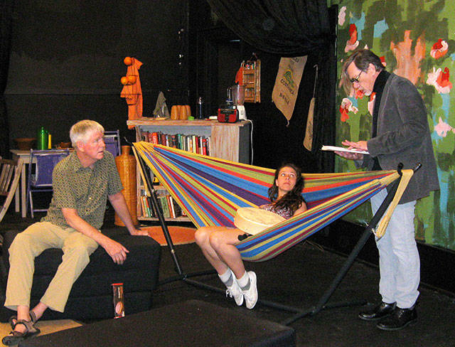 Photo by Dave Felice                                Actors Kevin Lynch and Sommer Harris listen as director Edward Jordon reviews notes for the Outcast Theatre production of “Slowgirl.”
