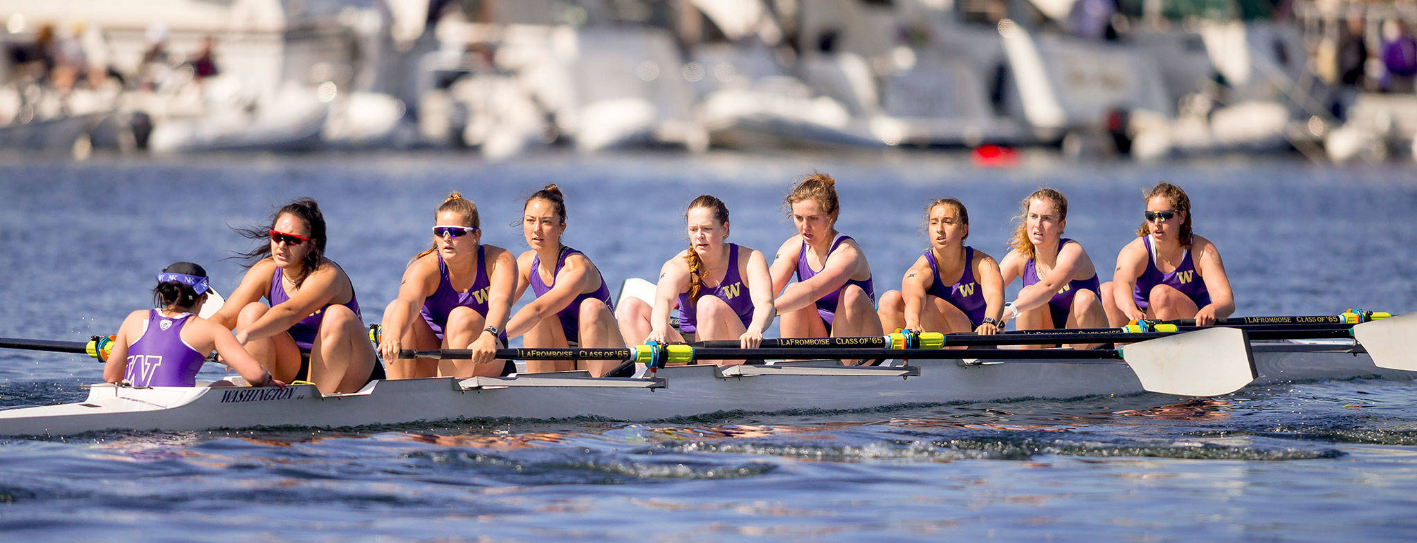 Kinsey Eager, third from left, rows for the University of Washington during the Windermere Cup May 5. (Photo by Scott Eklund/Red Box Pictures)