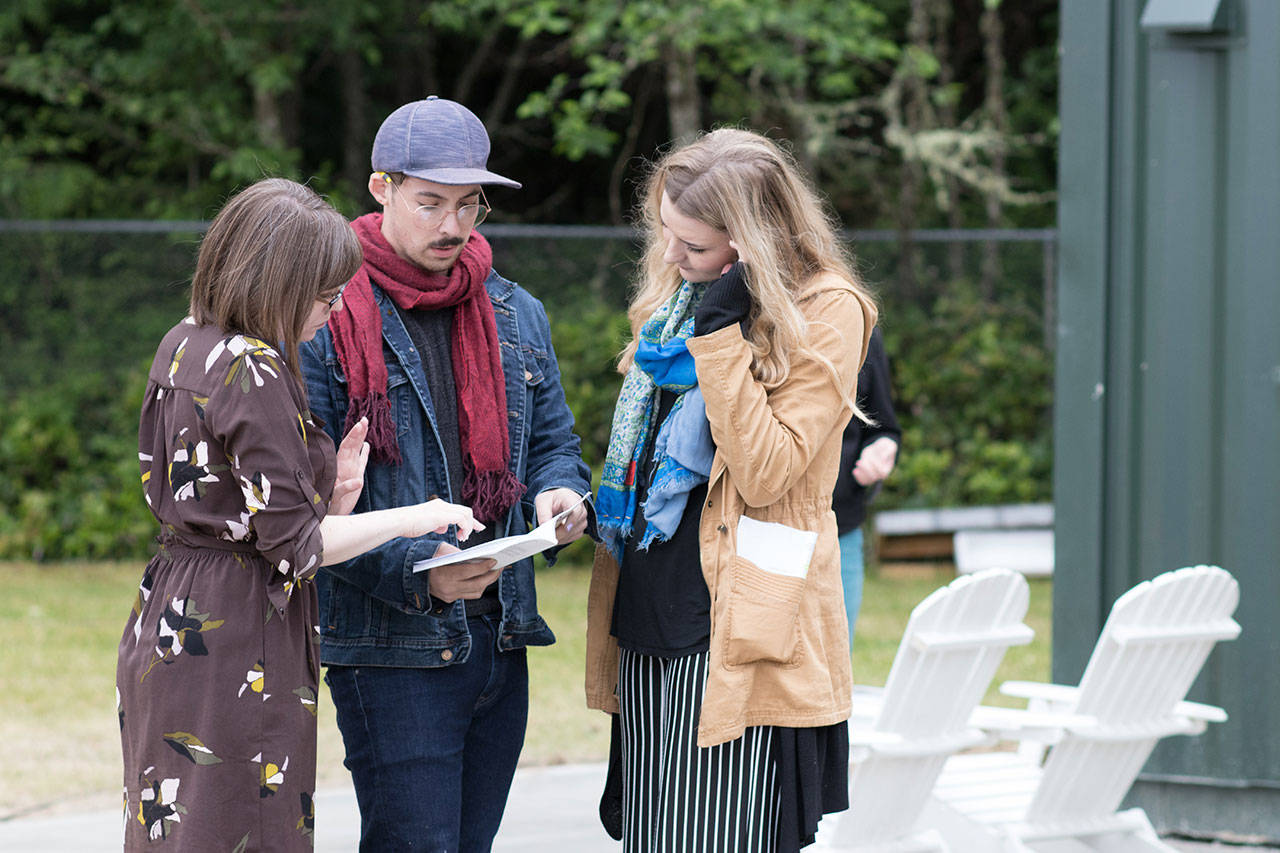Photo provided                                Director Charlie Marie McGrath (left) goes over a scene with Kevin Kantor (center) and Madison McKenzie Scott during rehearsal of “Sense and Sensibility.”