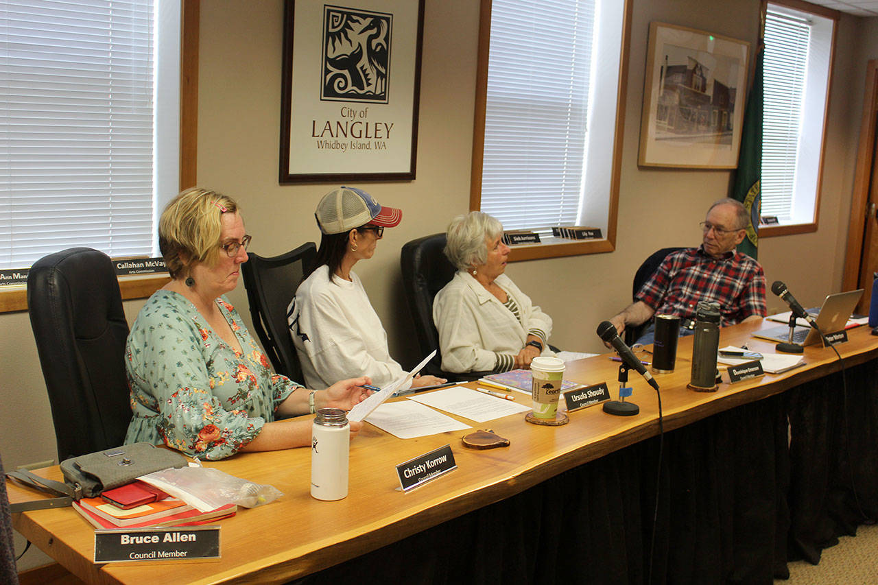 During a two-hour workshop, Langley City Council members met this week with Mayor Tim Callison to discuss policy policy. Left to right, Christy Korrow, Ursula Shoudy, Dominique Emerson and Peter Morton. Member Bruce Allen was absent. The next workshop is 9 a.m., July 17.