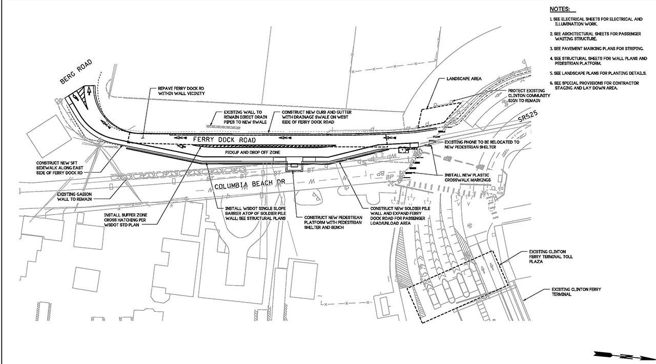A design schematic for the Ferry Dock Road project in Clinton shows a number of anticipated improvements, including a separate pickup and drop-off zone, a through lane, a five-foot-wide sidewalk along the east side of the road, improved stormwater drainage and a pedestrian platform. Photo provided by WSDOT