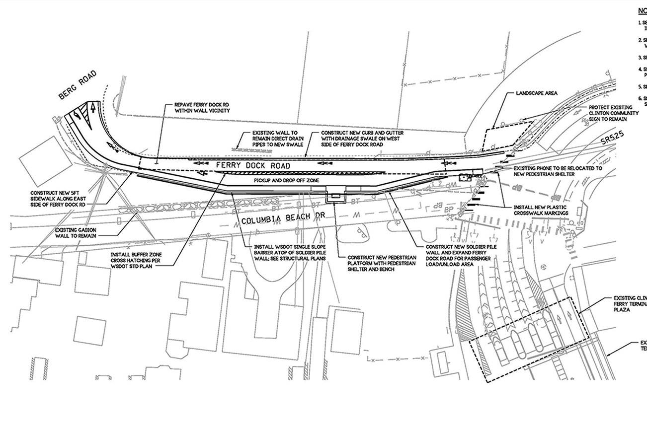 A design schematic for the Ferry Dock Road project in Clinton shows a number of anticipated improvements, including a separate pickup and drop-off zone, a through lane, a five-foot-wide sidewalk along the east side of the road, improved stormwater drainage and a pedestrian platform. Photo provided by WSDOT