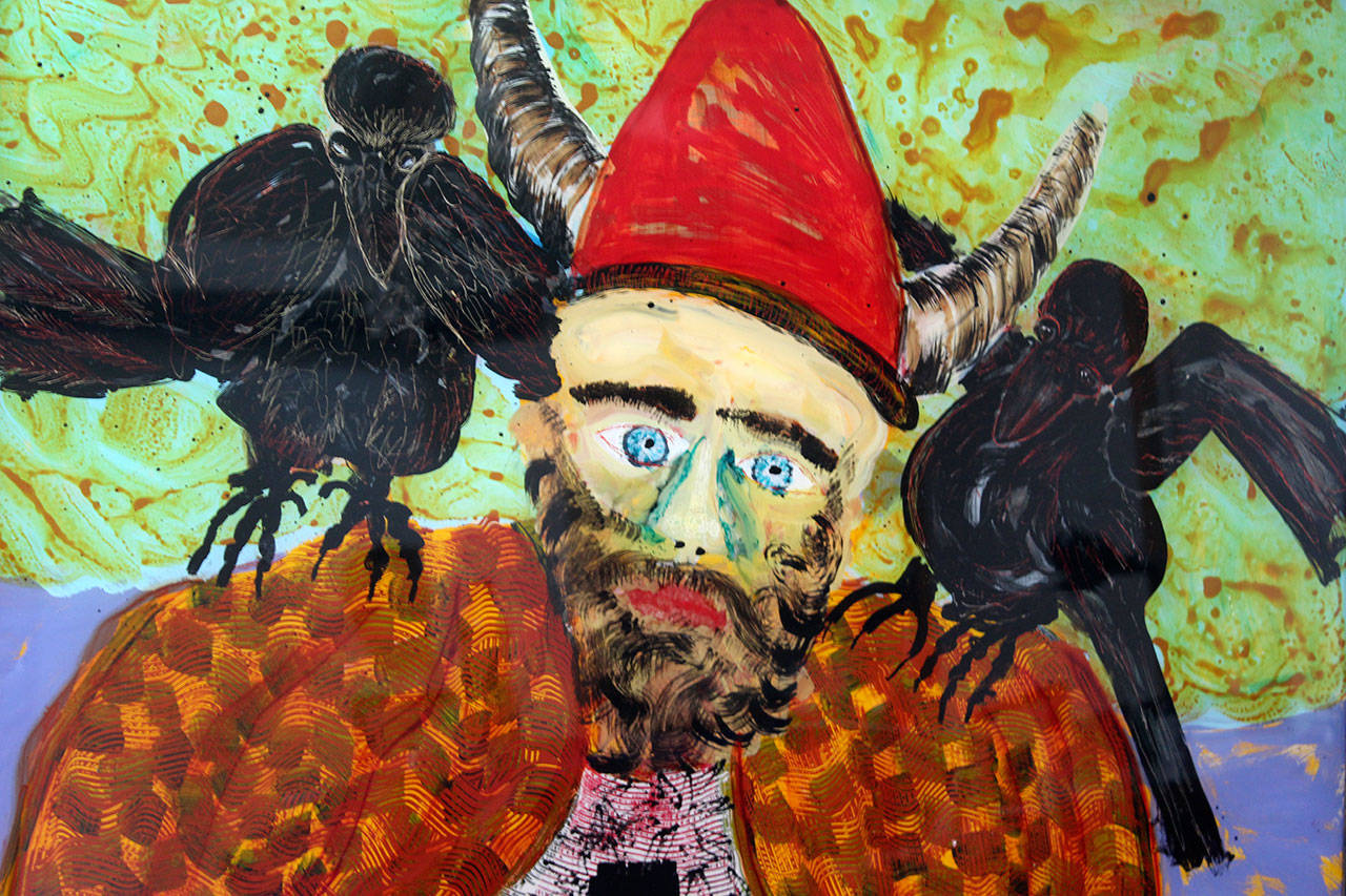 A reverse-style painting by Buffy Cribbs, called “Rumor of War.”