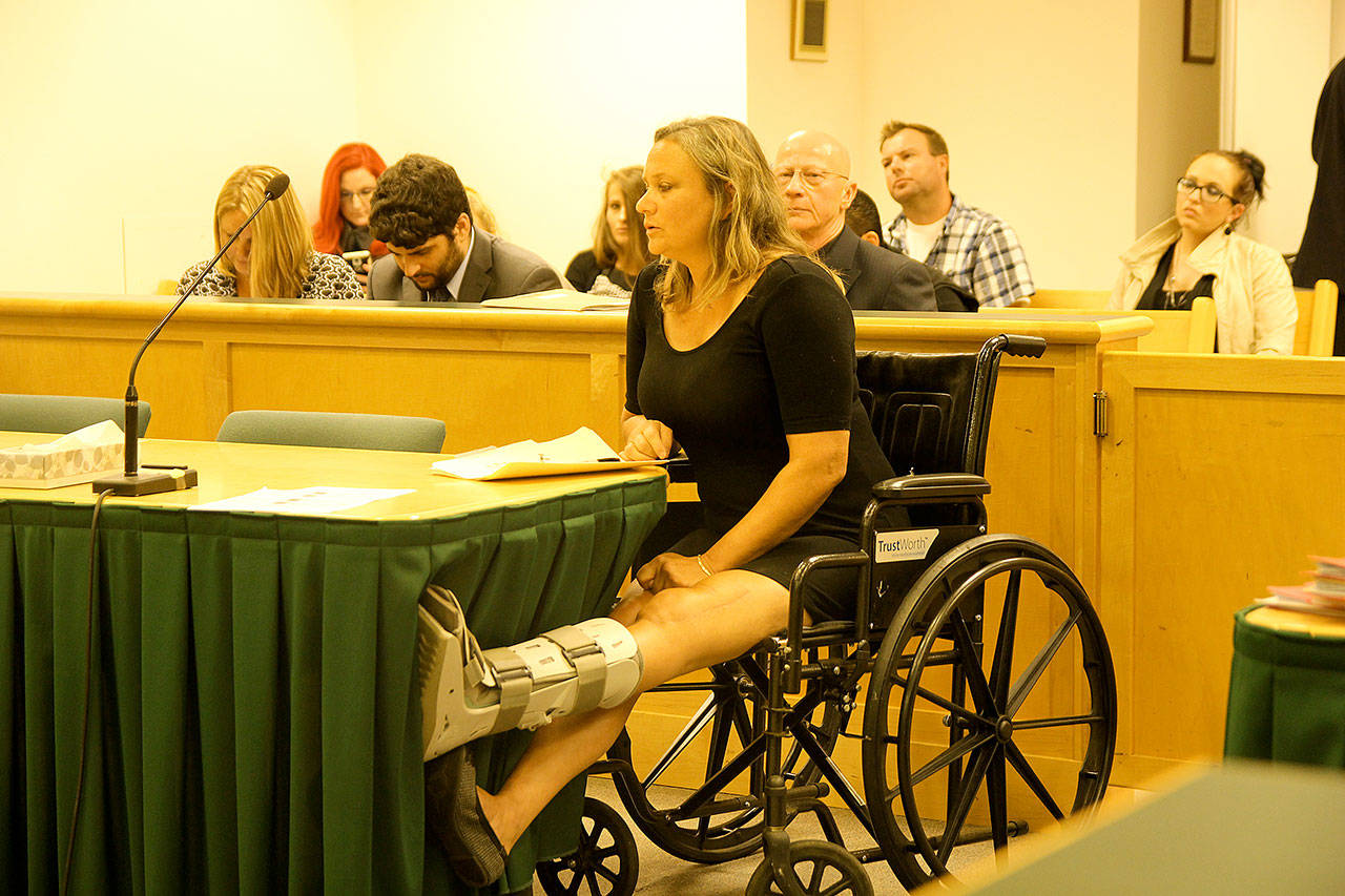 File photo.                                Michelle Nichols first appeared in court three years ago with her leg in a cast.