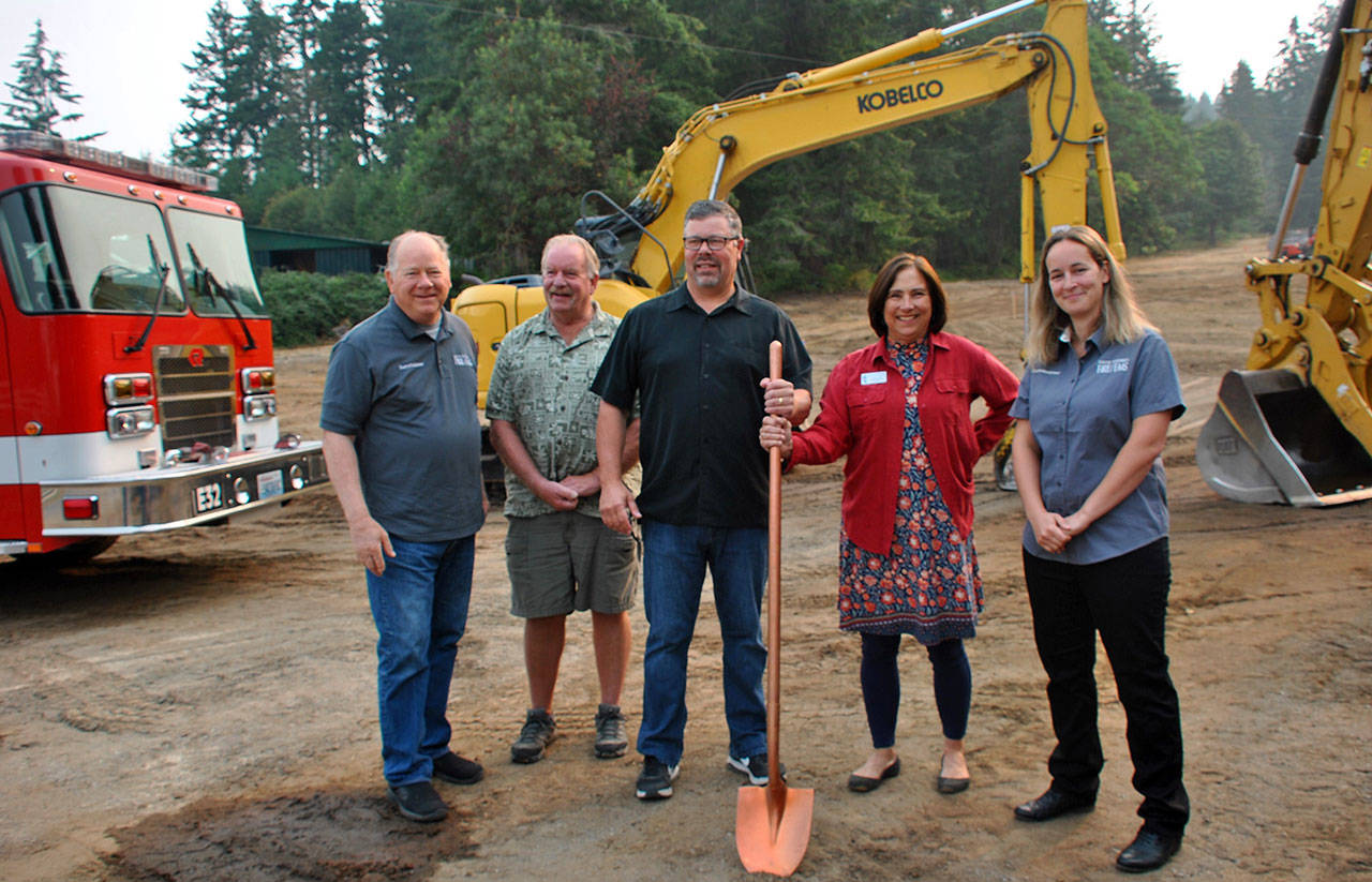 Photo provided.                                At the South Whidbey Fire/EMS Bayview Station groundbreaking are Fire Commissioner Frank Mestemacher, former Fire Commissioner Mike Helland, Fire Commission Chair Kenon Simmons, Island County commissioner Helen Price Johnson, and Fire Commissioner Adrienne Hawley.
