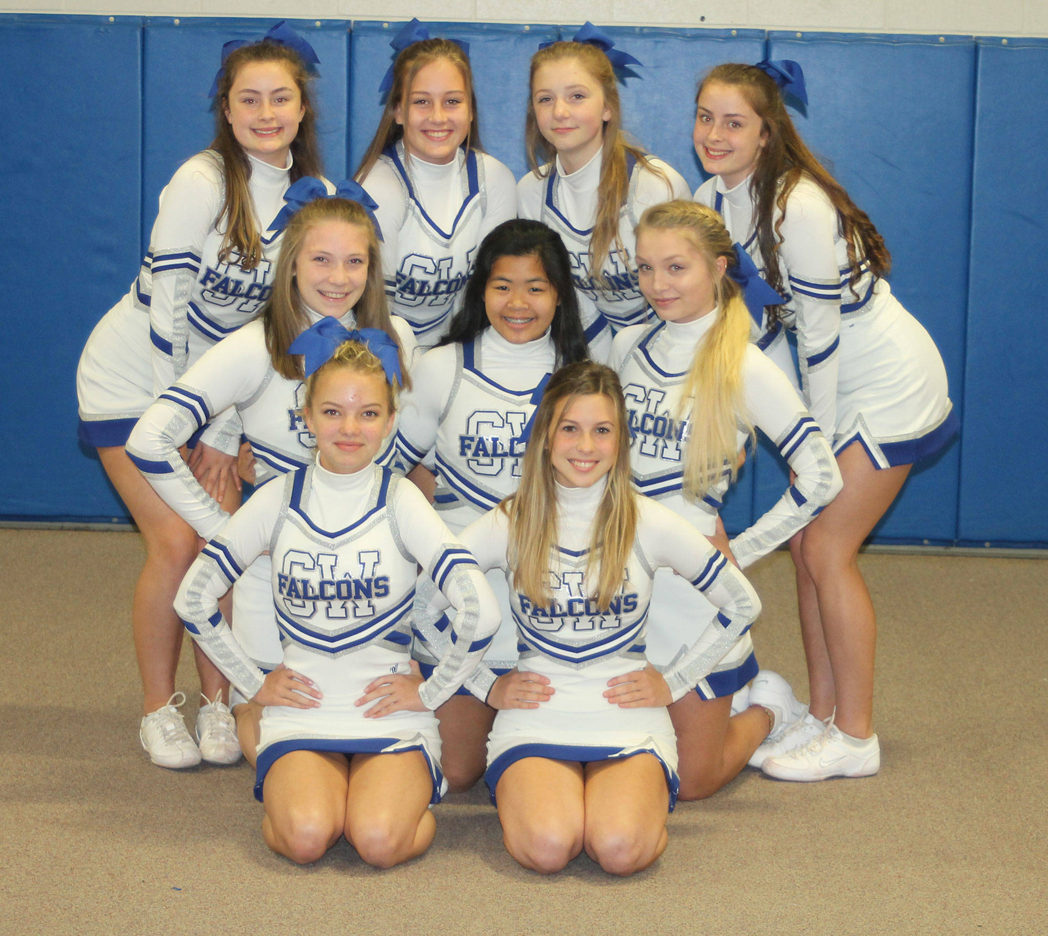 The 2018 South Whidbey fall cheer team — front row, left to right: Charlotte Gloster, Erin Brewer; middle row: Niki Greene, Calyna Saephan, Trinity Krouse; back Row: Bronte Patty-Caldwell, Ericka Simmons, Ella Bueler, Emma Patty-Caldwell; not pictured: Maya Tschetter. (Photo by Jim Waller/South Whidbey Record)