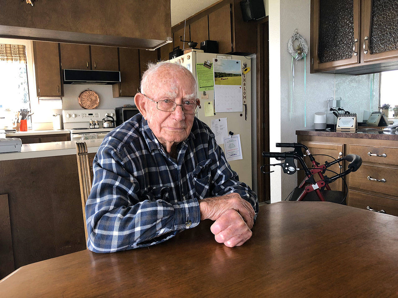 Photo by Emily Gilbert/ Whidbey News Group.                                Herbert Bacon has owned his house on Bells Beach Road in Langley since 1958 and turned 100 on Aug. 26.