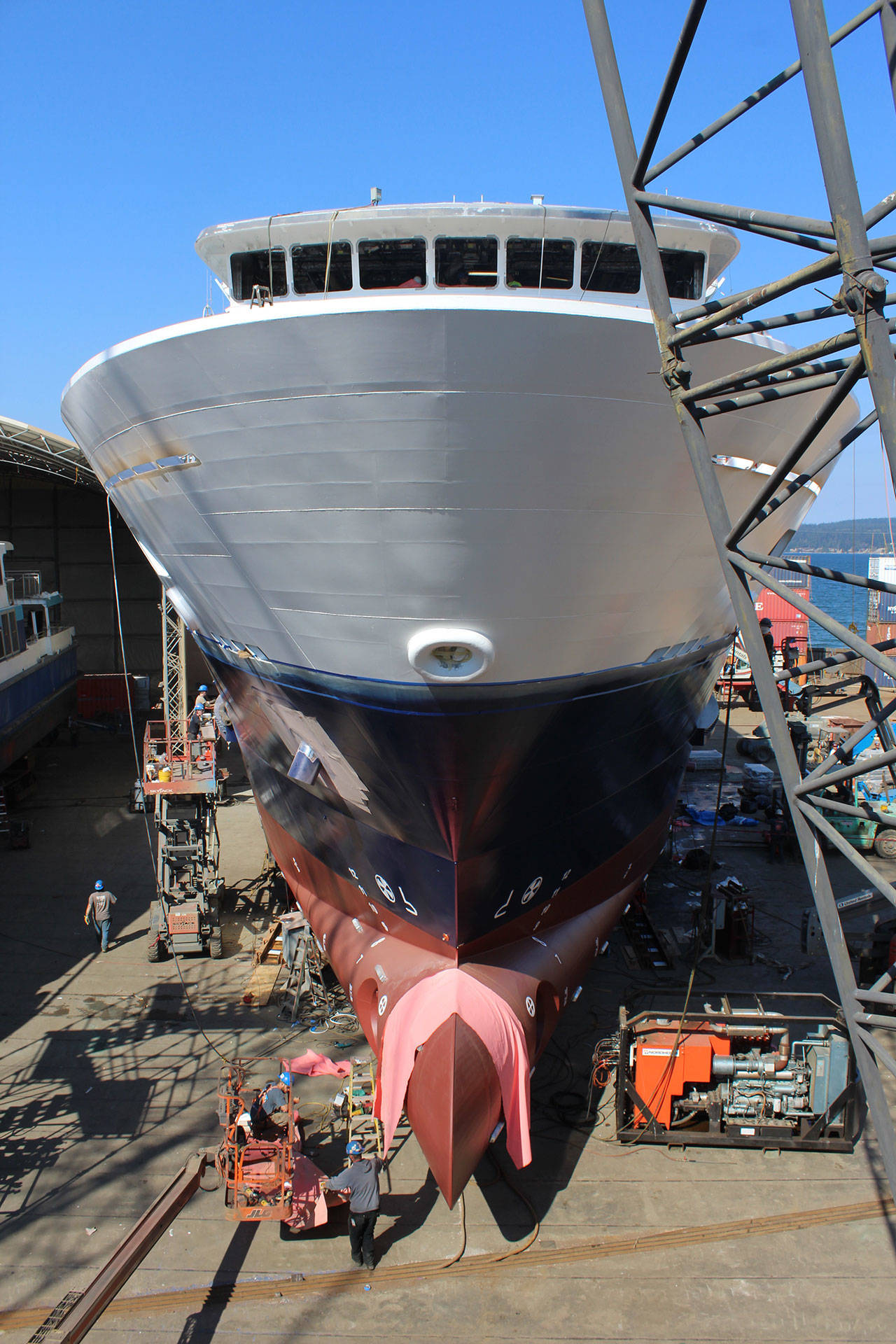 A “mini” cruise ship is being launched this weekend at Holmes Harbor after being built at Nichols Brothers Boat Builders. It’s the second 100-passenger vessel built for Lindblad Expeditions, an adventure travel company affiliated with National Geographic. (Photo by Patricia Guthrie/Whidbey News Group)