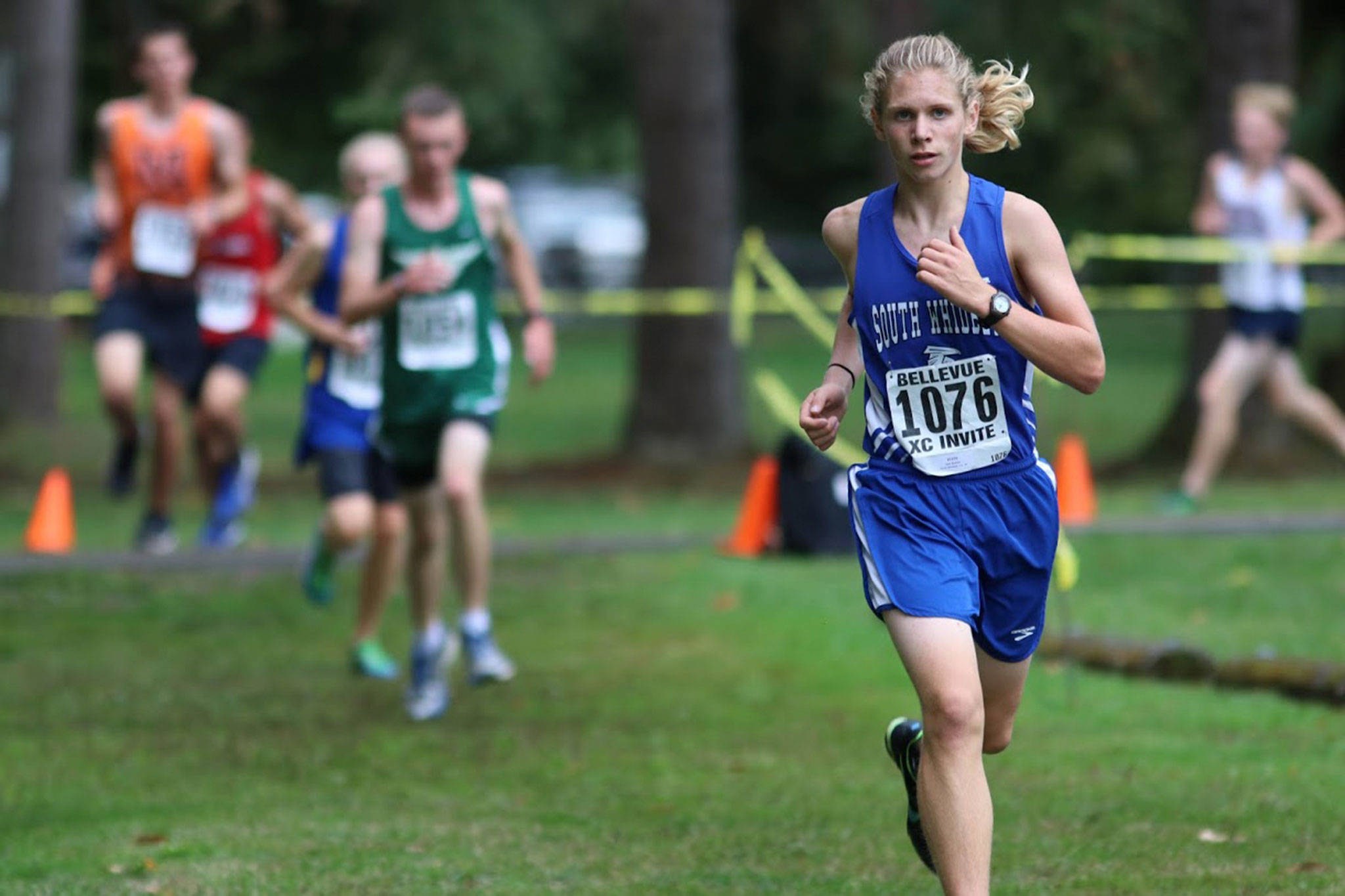 South Whidbey’s Sam Baesler competes in the Bellevue Invitational Cross Country Meet Saturday. (Photo by Matt Simms)
