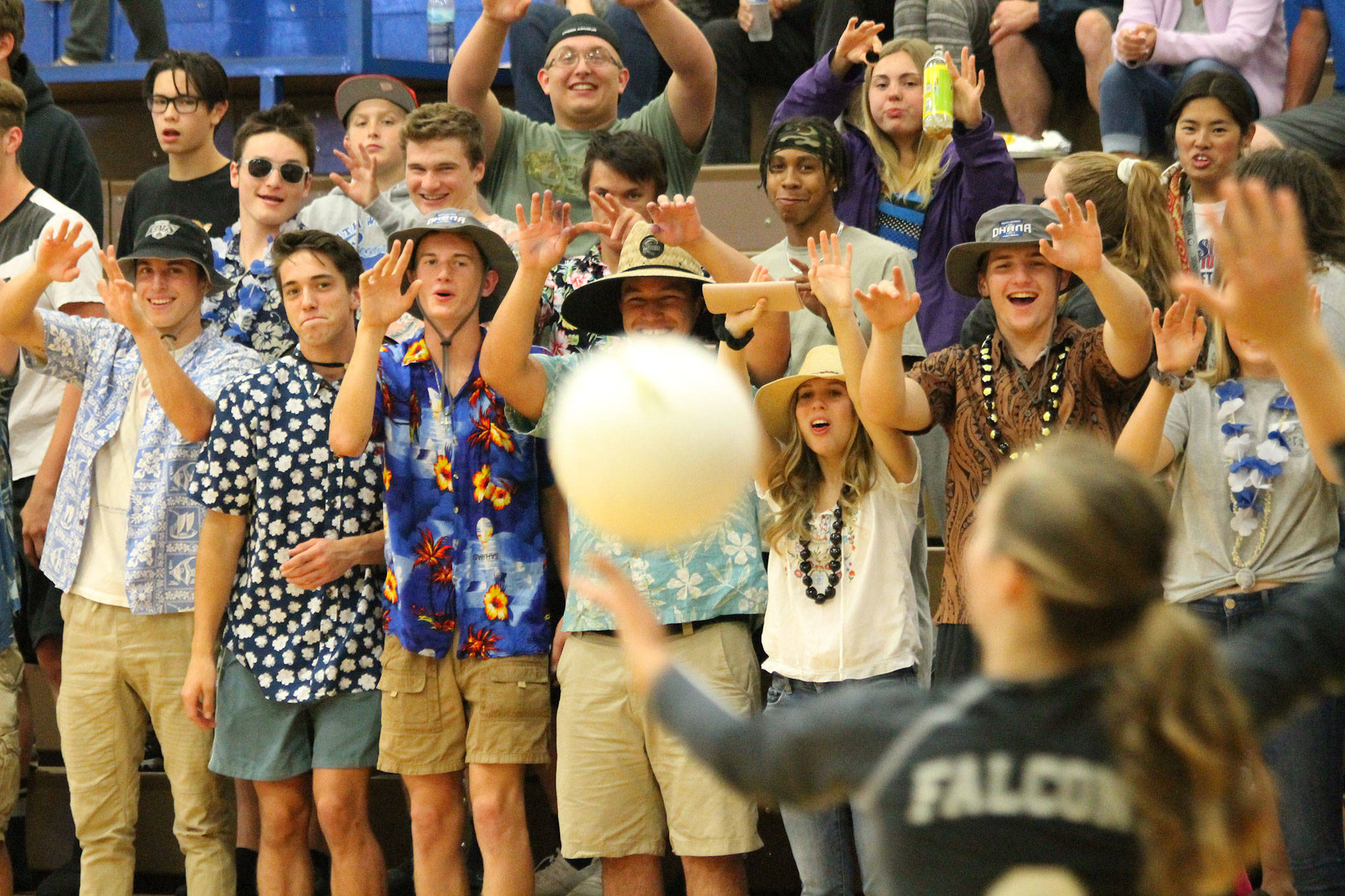 The South Whidbey student section sends some postitive energy toward a Falcon server. (Photo by Jim Waller/South Whidbey Record)