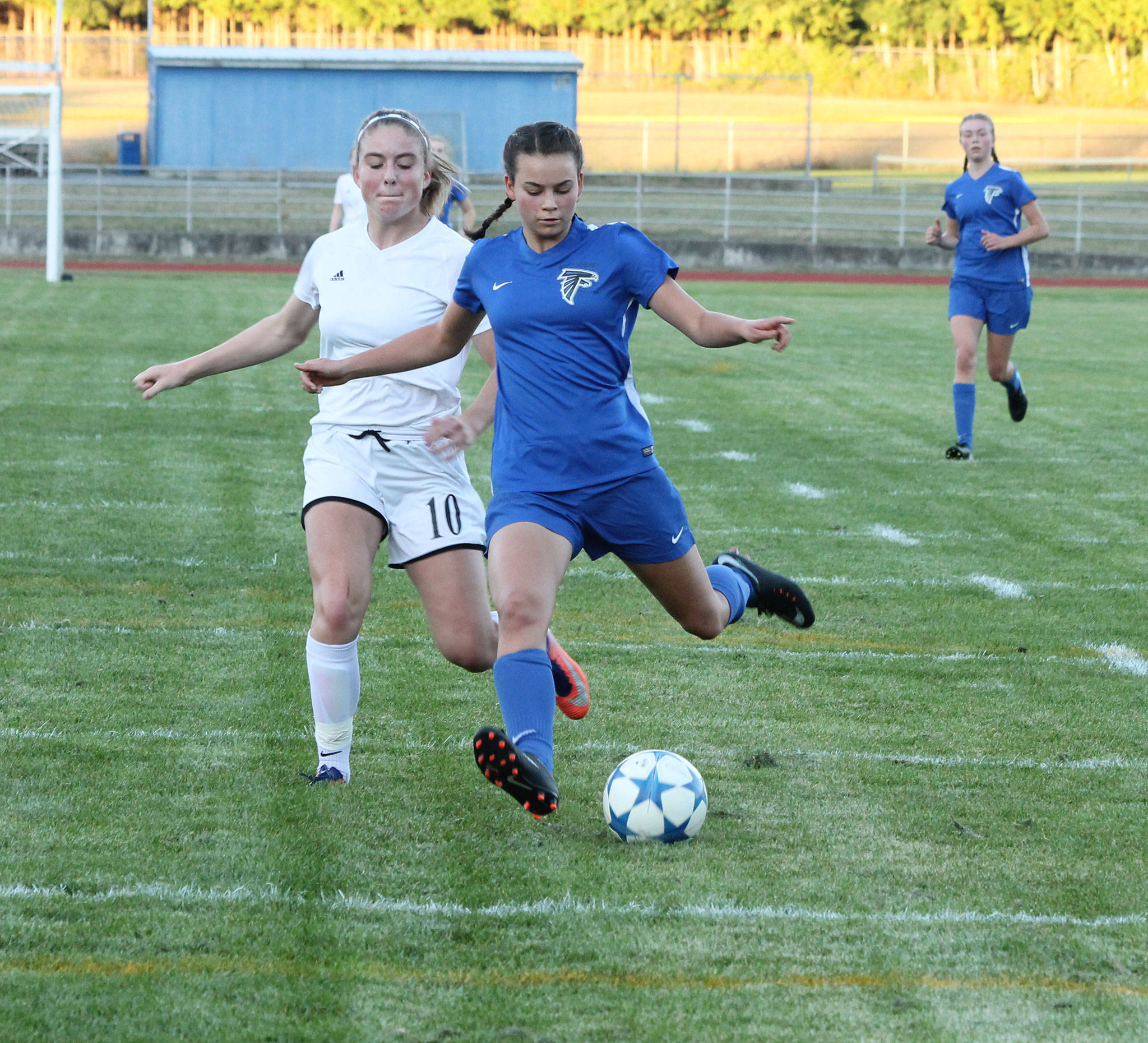 Alison Papritz scores a goal on this kick against Coupeville Tuesday.(Photo by Jim Waller/Whidbey News-Times)