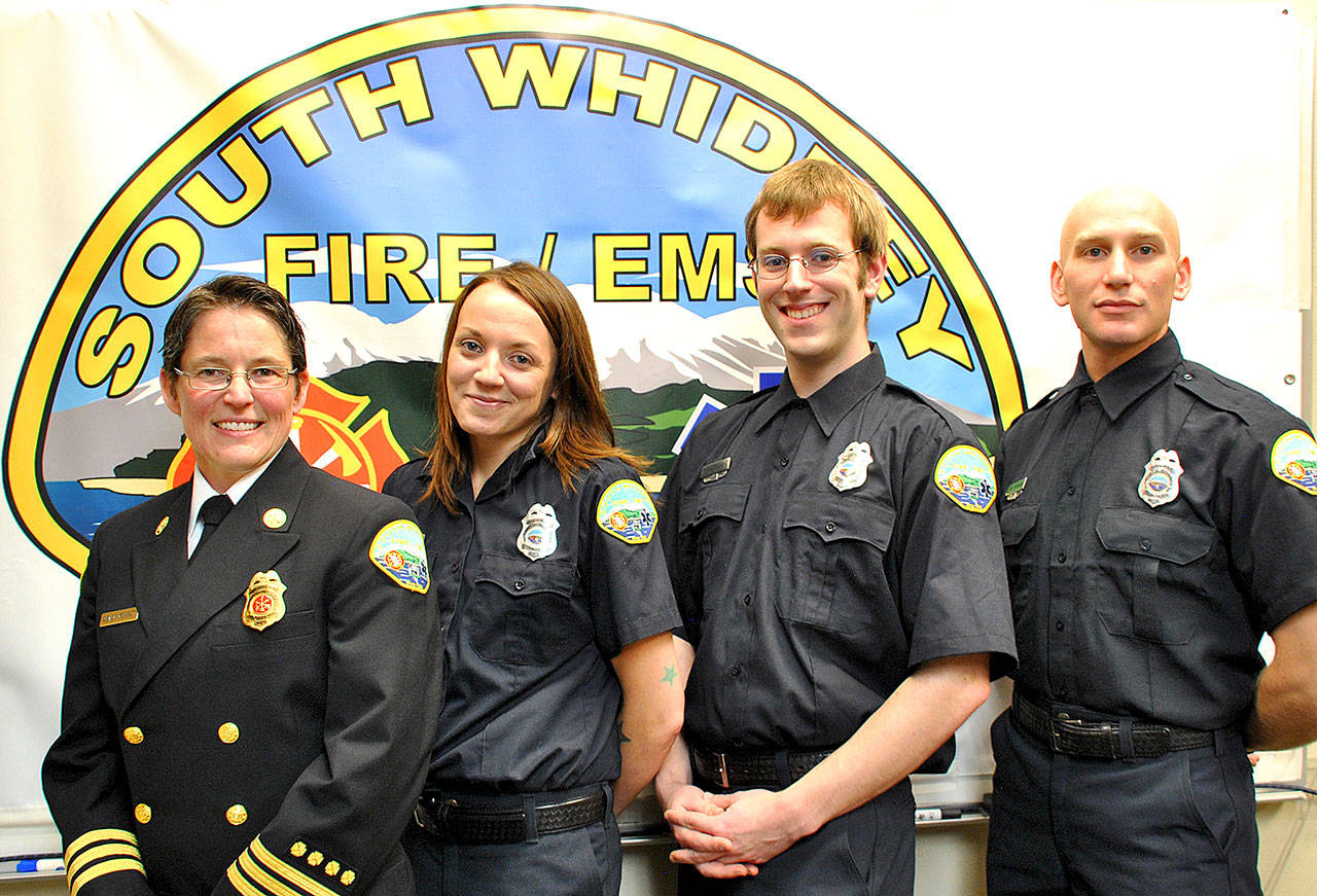 South Whidbey Fire/EMS Deputy Chief Wendy Moffatt and new volunteer firefighters Rene Kinser, Couran Therien and Jake Newling. Photo provided