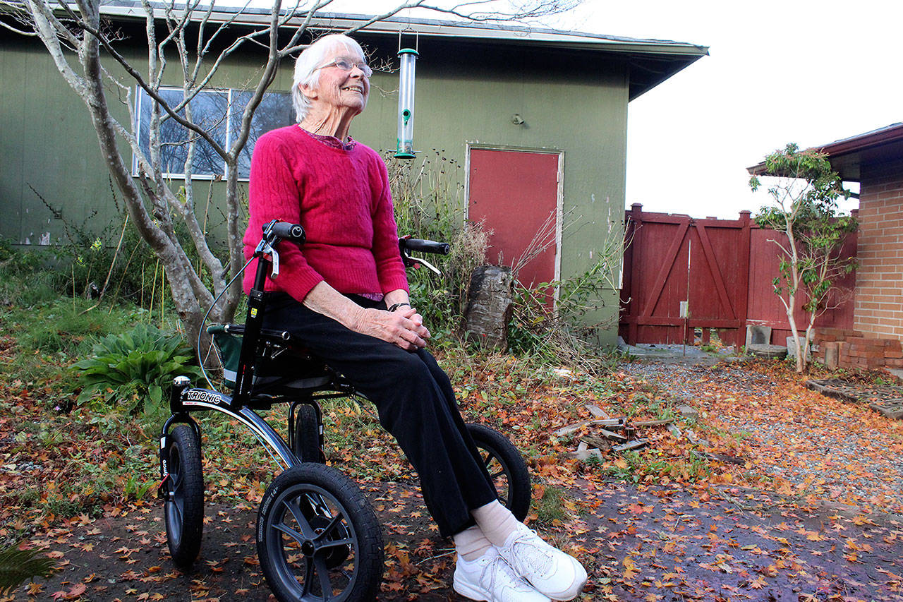 During World War ll, Erma Aldous joined the Navy and worked as a nurse’s aide to help the war effort. Now 94 years old, Aldous enjoys her Clinton home near where she grew up on Whidbey. (Photo by Patricia Guthrie/Whidbey News Group)