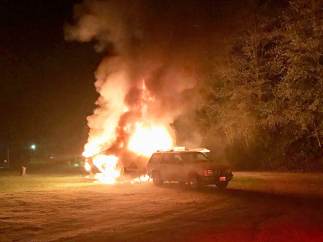 A man was severely injured in an RV fire Thursday morning at Island County Fairgrounds. Photo provided by South Whidbey Fire/EMS